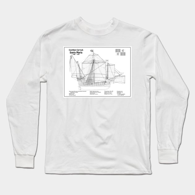Santa Maria ship - Christopher Columbus Carrack Nau 15th century - BD Long Sleeve T-Shirt by SPJE Illustration Photography